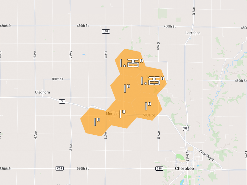 Hail map of Meriden, IA on Jul 3, 2026, hail up to 1.25"