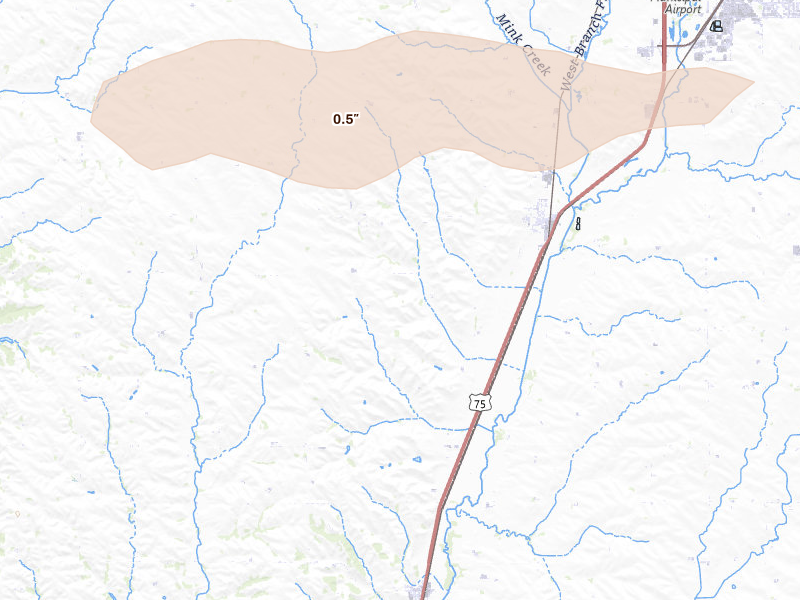 Radar-estimated hail-size map of the storm over Merrill, IA on Aug 10, 2026