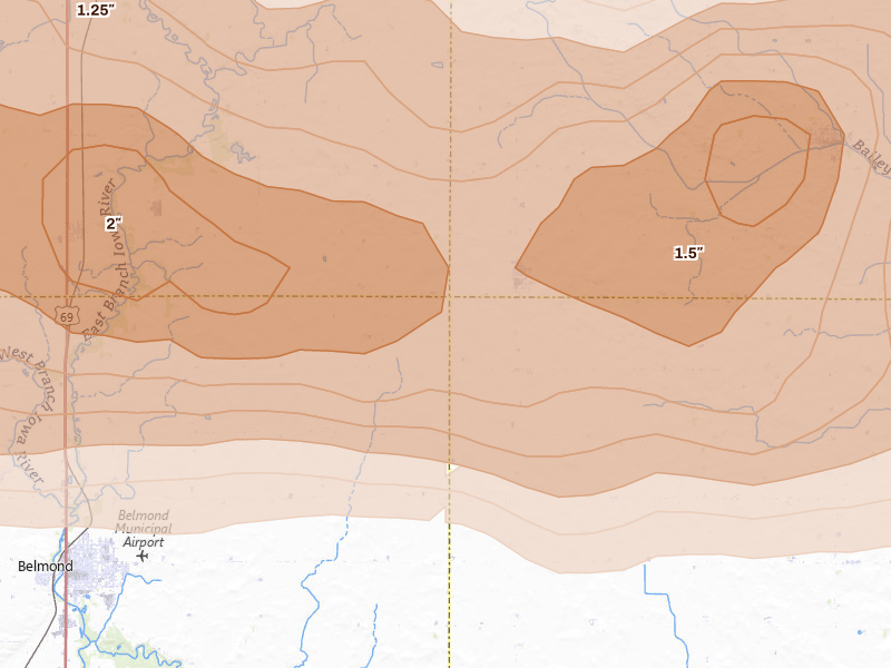 Radar-estimated hail-size map of the storm over Meservey, IA on May 15, 2026
