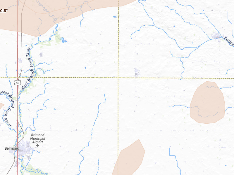 Radar-estimated hail-size map of the storm over Meservey, IA on Jul 2, 2026