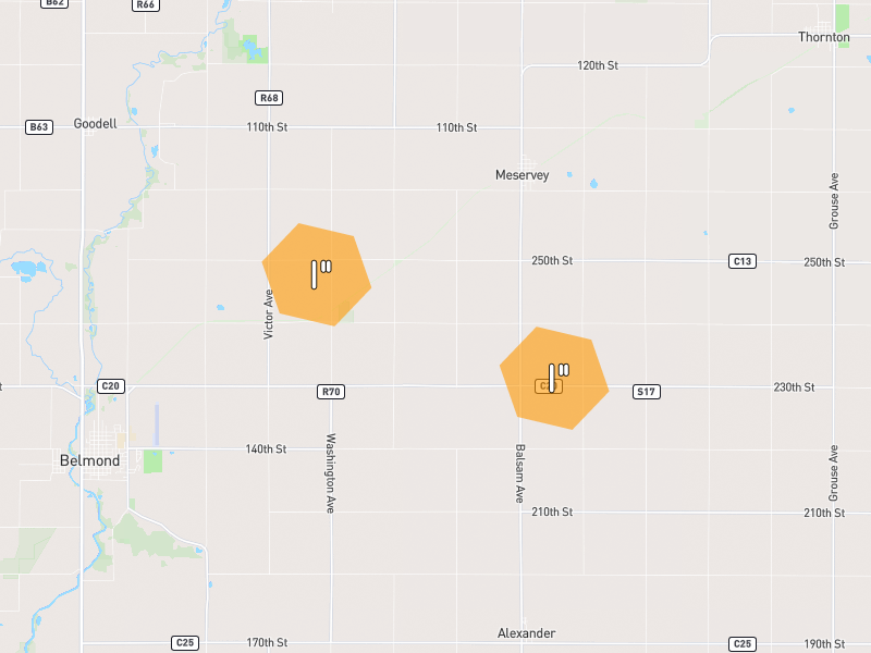 Hail map of Meservey, IA on Jul 2, 2026, hail up to 1"
