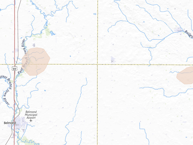 Radar-estimated hail-size map of the storm over Meservey, IA on Jul 8, 2026
