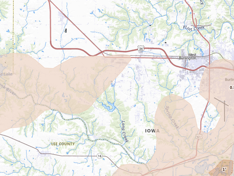 Radar-estimated hail-size map of the storm over Middletown, IA on Jun 11, 2026