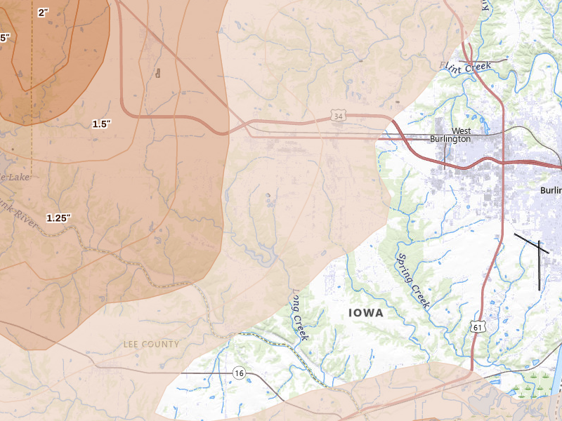 Radar-estimated hail-size map of the storm over Middletown, IA on Aug 12, 2026