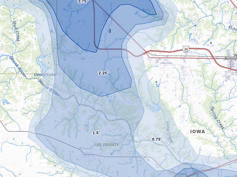NEXRAD radar-signature map of the hail storm over Middletown, IA on Aug 12, 2026