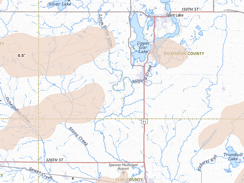 Radar-estimated hail-size map of the storm over Milford, IA on Apr 13, 2026
