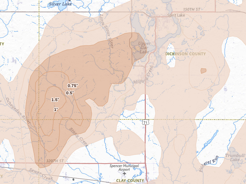 Radar-estimated hail-size map of the storm over Milford, IA on May 17, 2026
