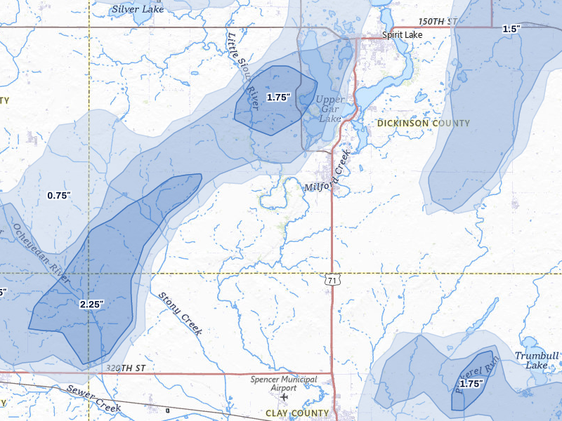 NEXRAD radar-signature map of the hail storm over Milford, IA on May 17, 2026