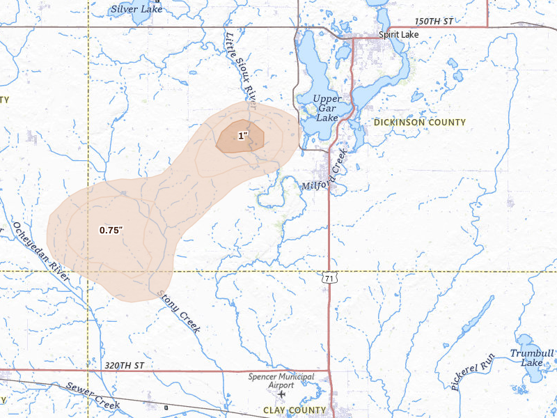 Radar-estimated hail-size map of the storm over Milford, IA on May 25, 2026