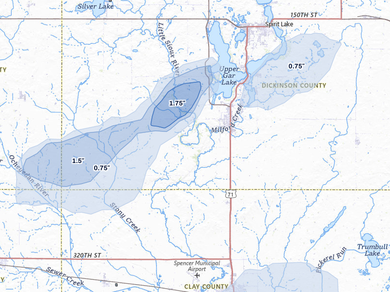 NEXRAD radar-signature map of the hail storm over Milford, IA on May 25, 2026