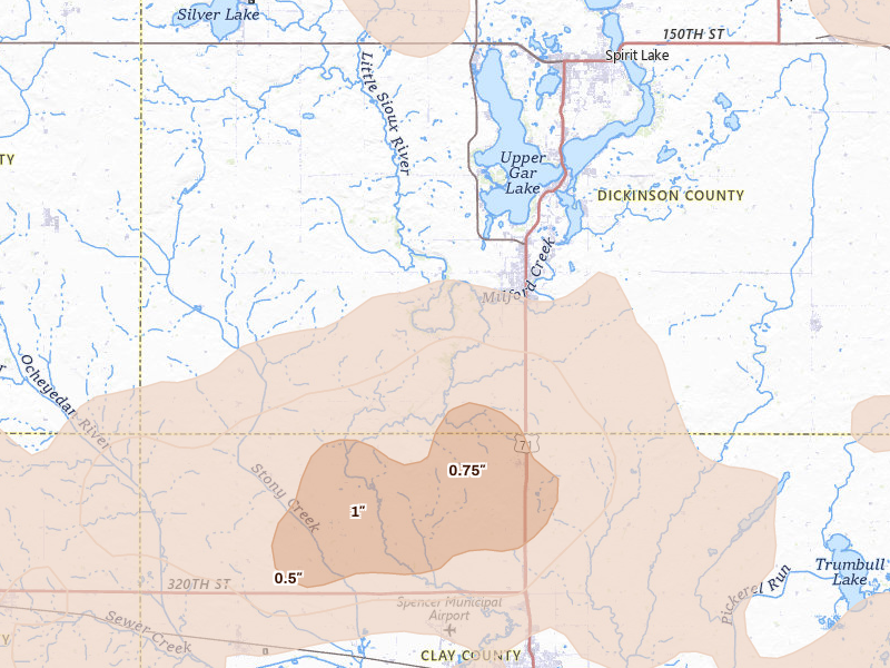 Radar-estimated hail-size map of the storm over Milford, IA on Jun 27, 2026