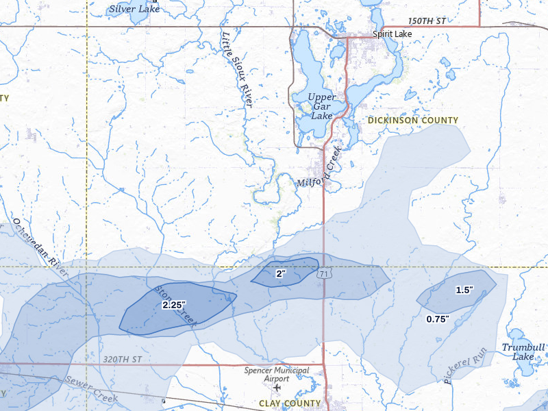 NEXRAD radar-signature map of the hail storm over Milford, IA on Jun 27, 2026