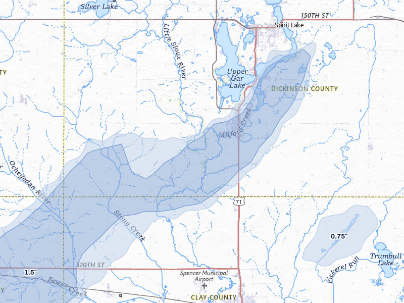 NEXRAD radar-signature map of the hail storm over Milford, IA on Jun 29, 2026
