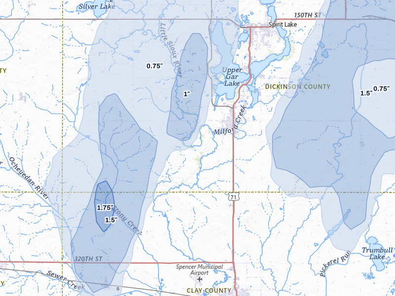 NEXRAD radar-signature map of the hail storm over Milford, IA on Jun 30, 2026