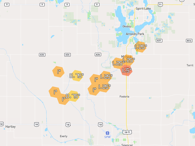 Hail map of Milford, IA on Jun 30, 2026, hail up to 1.5"