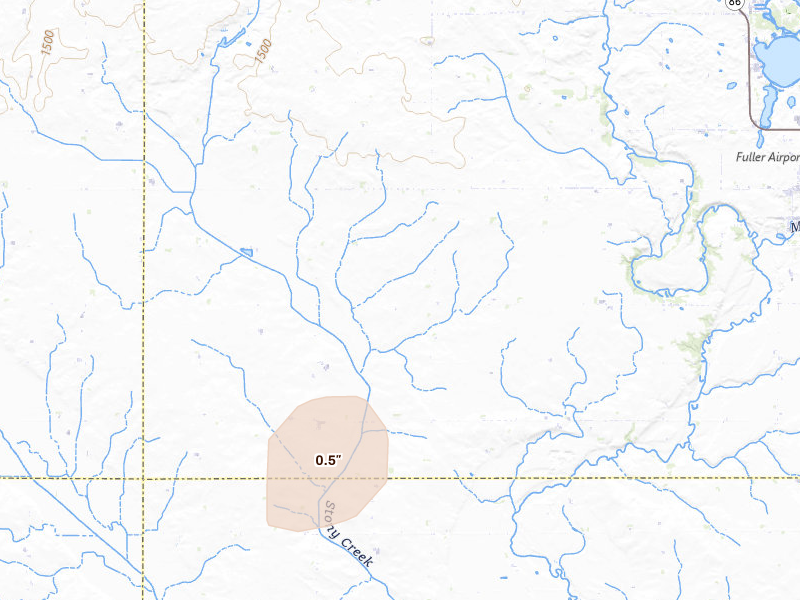 Radar-estimated hail-size map of the storm over Milford, IA on Aug 3, 2026