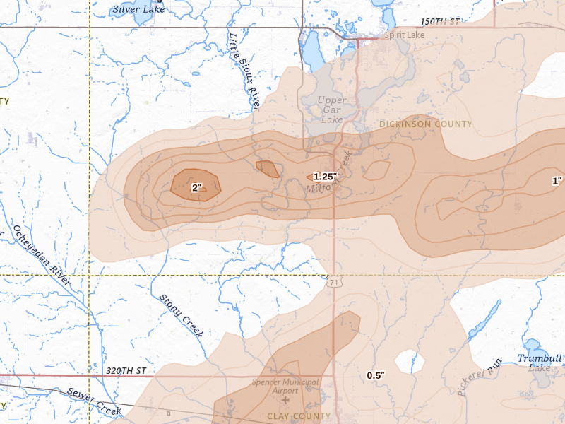 Radar-estimated hail-size map of the storm over Milford, IA on Aug 8, 2026