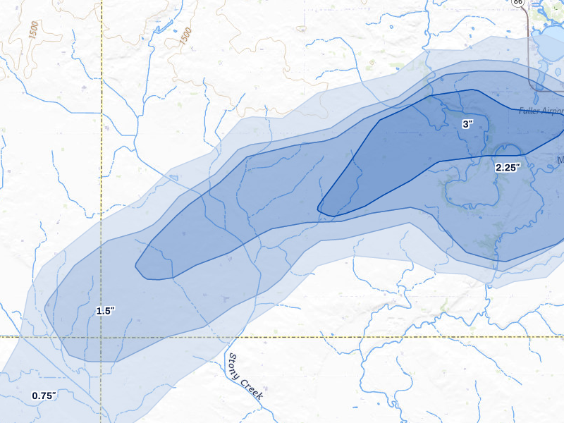 NEXRAD radar-signature map of the hail storm over Milford, IA on Aug 8, 2026
