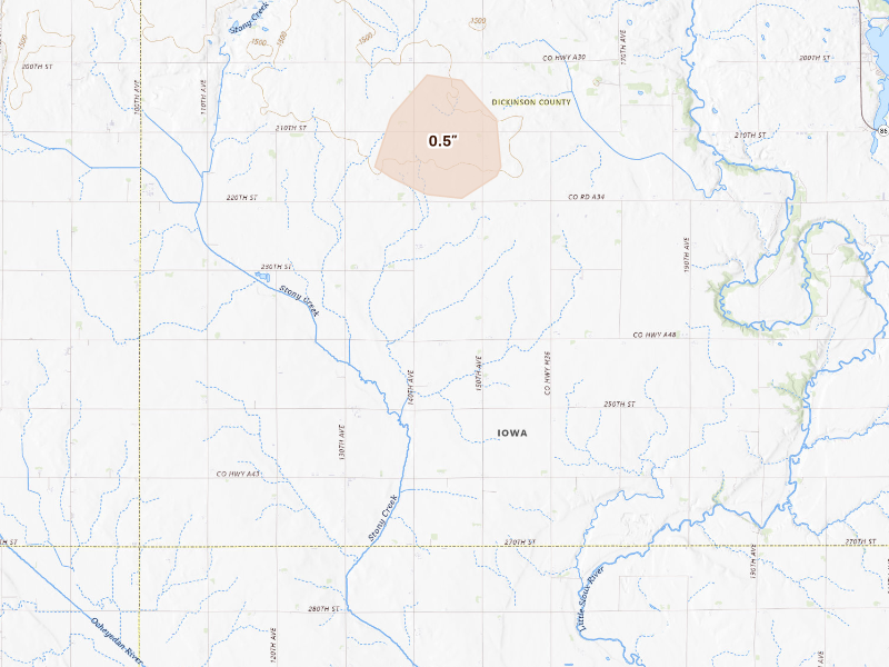 Radar-estimated hail-size map of the storm over Milford, IA