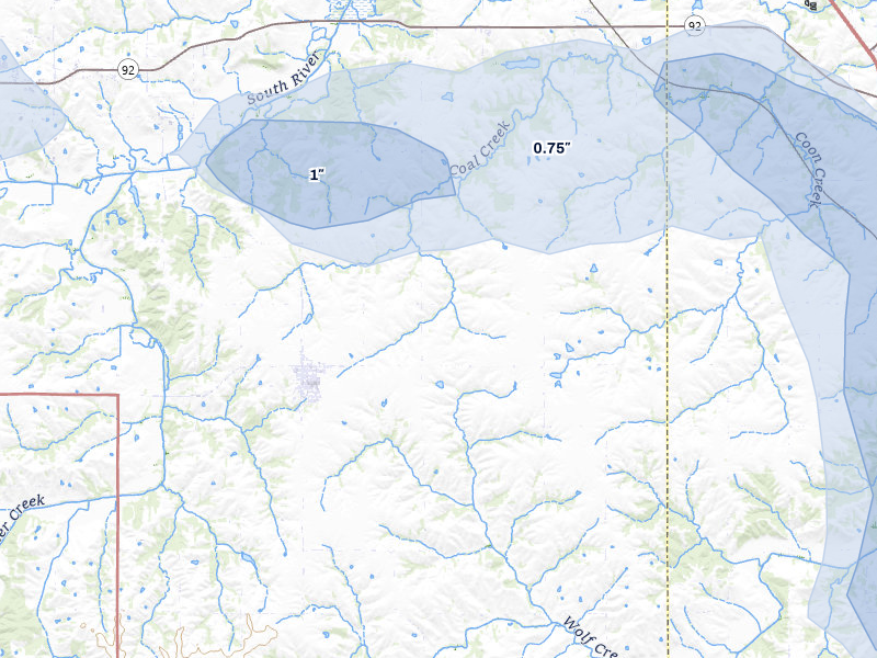 NEXRAD radar-signature map of the hail storm over Milo, IA on May 15, 2026
