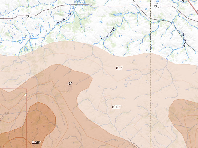 Radar-estimated hail-size map of the storm over Milo, IA on Jun 11, 2026