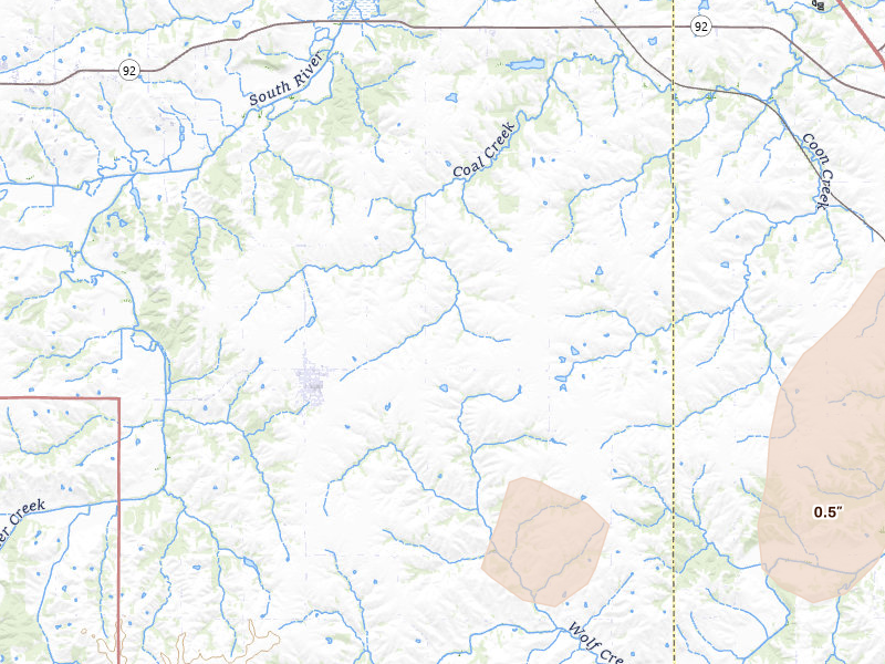 Radar-estimated hail-size map of the storm over Milo, IA on Jul 3, 2026