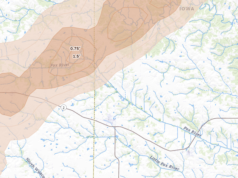 Radar-estimated hail-size map of the storm over Milton, IA on Jun 11, 2026