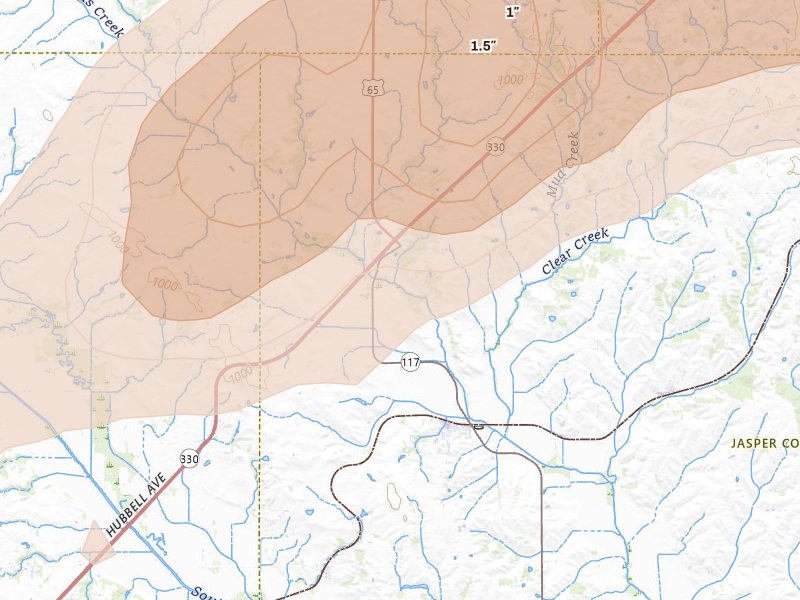 Radar-estimated hail-size map of the storm over Mingo, IA on Apr 17, 2026
