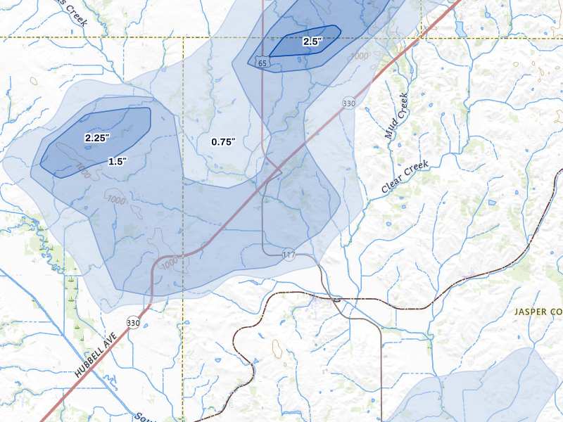 NEXRAD radar-signature map of the hail storm over Mingo, IA on Apr 17, 2026