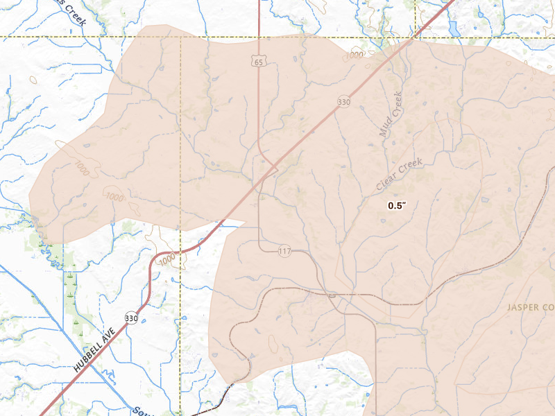 Radar-estimated hail-size map of the storm over Mingo, IA on Jun 16, 2026