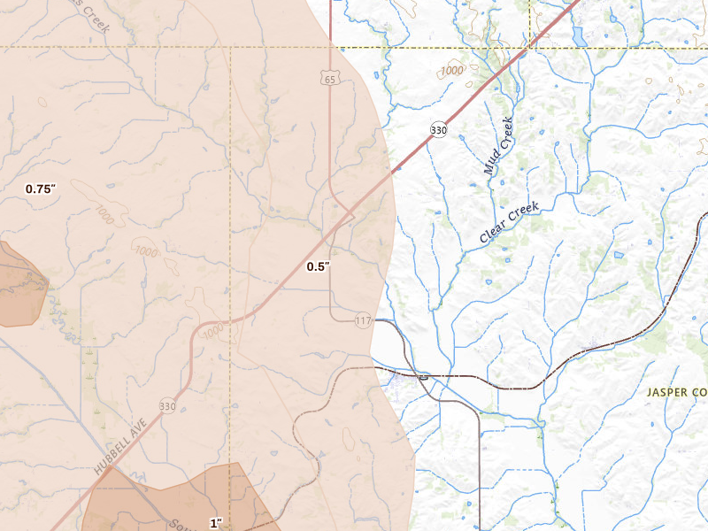 Radar-estimated hail-size map of the storm over Mingo, IA on Jul 20, 2026