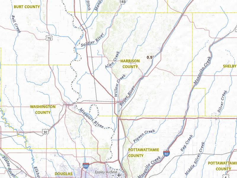 Radar-estimated hail-size map of the storm over Missouri Valley, IA on Apr 3, 2026