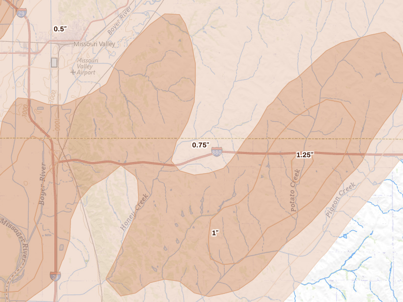 Radar-estimated hail-size map of the storm over Missouri Valley, IA on Apr 23, 2026