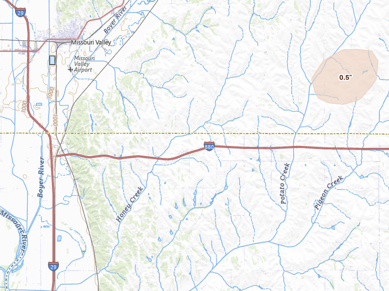 Radar-estimated hail-size map of the storm over Missouri Valley, IA on May 18, 2026