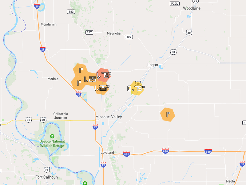 Hail map of Missouri Valley, IA on Jun 1, 2026, hail up to 1.75"