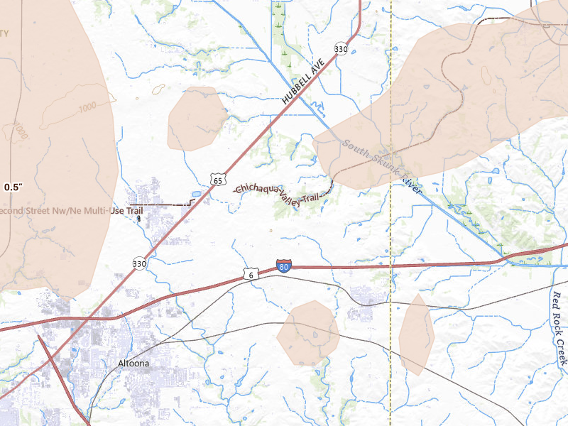 Radar-estimated hail-size map of the storm over Mitchellville, IA on Mar 30, 2026