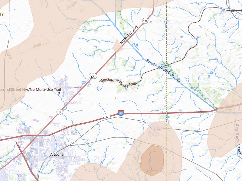 Radar-estimated hail-size map of the storm over Mitchellville, IA on Apr 17, 2026