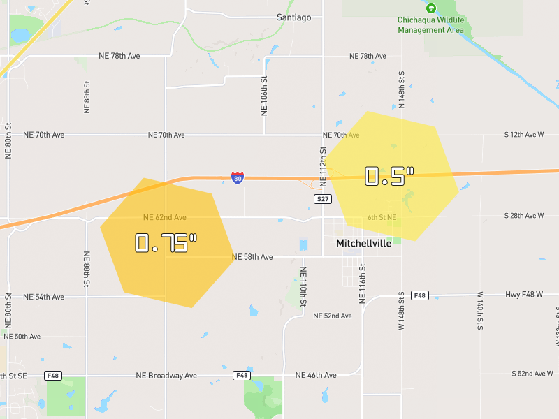 Hail map of Mitchellville, IA on Jul 2, 2026, hail up to 0.75"