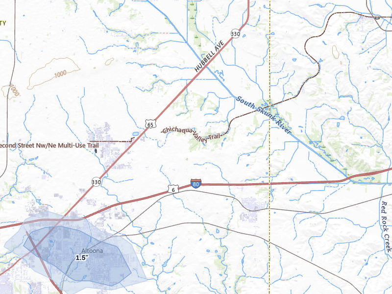 NEXRAD radar-signature map of the hail storm over Mitchellville, IA on Jul 3, 2026