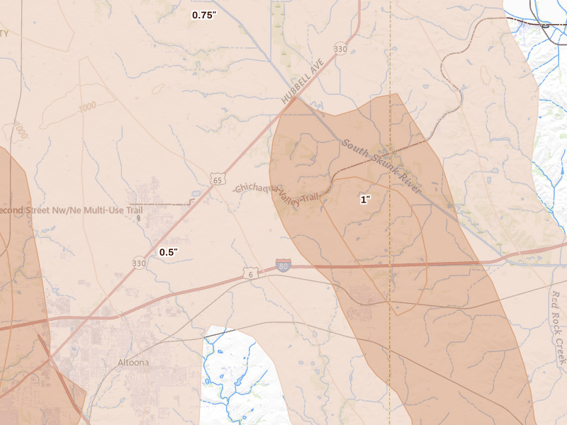 Radar-estimated hail-size map of the storm over Mitchellville, IA on Jul 20, 2026