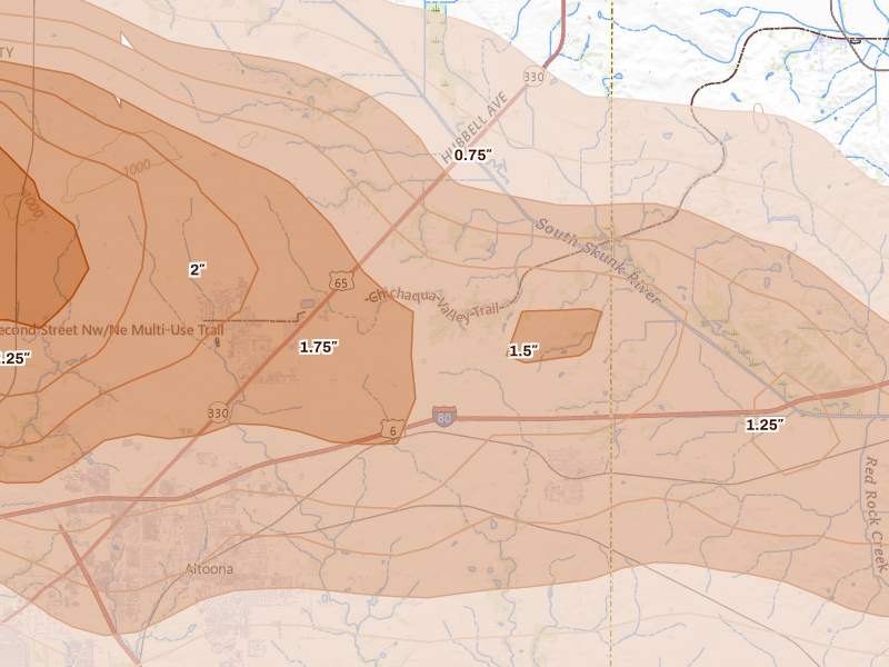 Radar-estimated hail-size map of the storm over Mitchellville, IA