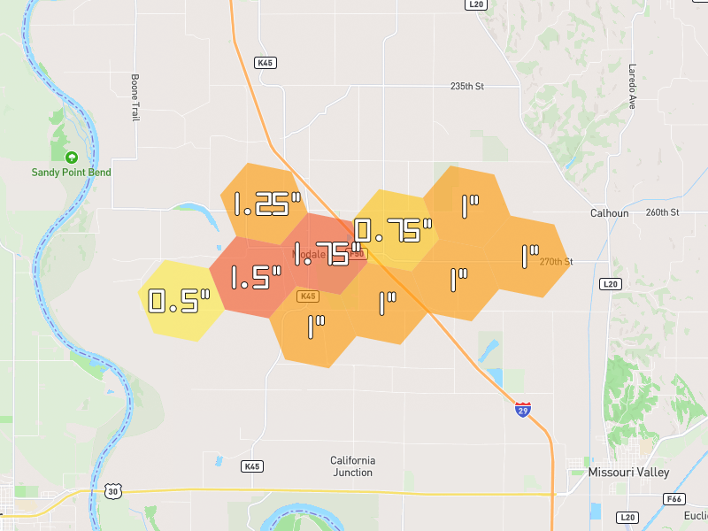 Hail map of Modale, IA on Jun 1, 2026, hail up to 1.75"