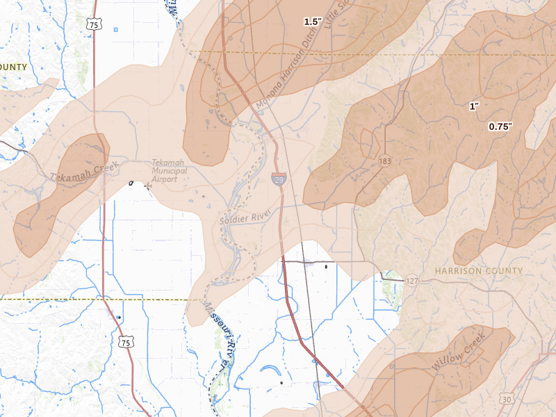 Radar-estimated hail-size map of the storm over Mondamin, IA on Apr 23, 2026