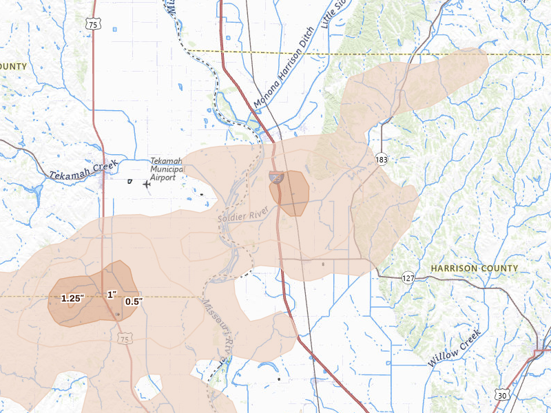 Radar-estimated hail-size map of the storm over Mondamin, IA on May 15, 2026