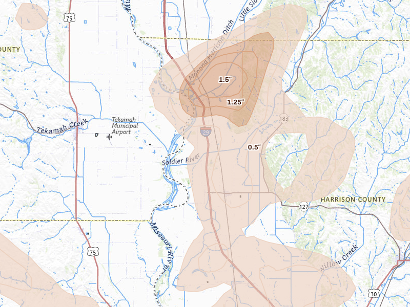Radar-estimated hail-size map of the storm over Mondamin, IA on May 31, 2026