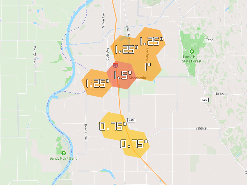 Hail map of Mondamin, IA on Jun 1, 2026, hail up to 1.5"