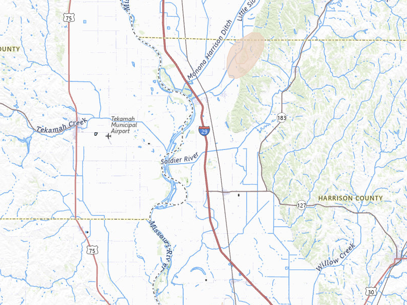 Radar-estimated hail-size map of the storm over Mondamin, IA on Jul 1, 2026