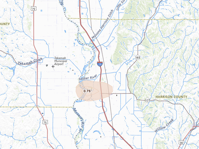 Radar-estimated hail-size map of the storm over Mondamin, IA on Jul 3, 2026