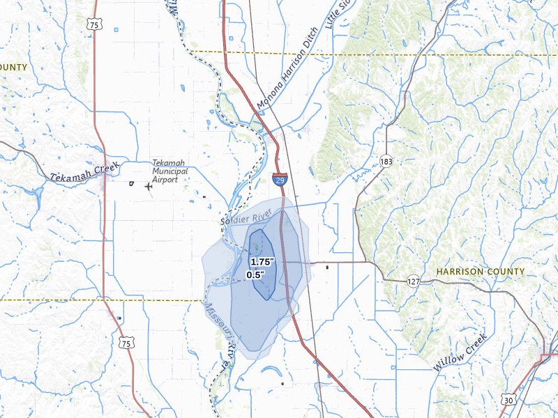 NEXRAD radar-signature map of the hail storm over Mondamin, IA on Jul 3, 2026