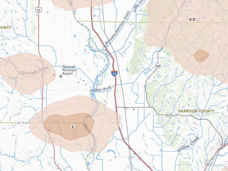 Radar-estimated hail-size map of the storm over Mondamin, IA on Jul 8, 2026